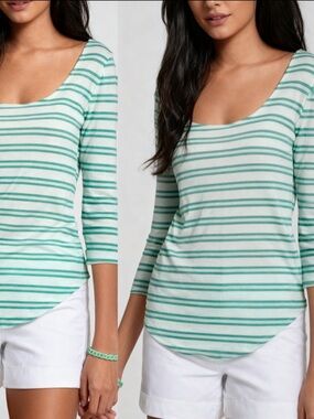 Ann Taylor Green White Nautical Striped Top Lightweight 3/4 Sleeve Sz S